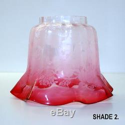 1 Pair (2) Antique Cranberry Ruffled Etched Kerosene Oil Lamp Globes Shades