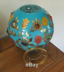 10 Antique Blue Cased Victorian Jewelled Gem Stone Glass Oil Lamp Shade Carrier