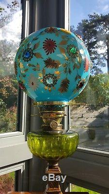 10 Antique Blue Cased Victorian Jewelled Gem Stone Glass Oil Lamp Shade Carrier