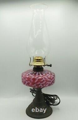1880s Hobbs Antique Coral Seaweed Cranberry Opalescent Glass Oil Lamp Electric