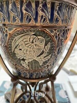 1882 Doulton Lambeth stoneware large oil lamp cut in low relief cats dogs owl
