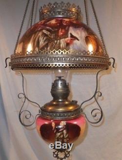 1890 1900 complete original Victorian Pittsburgh Figural 14 Hanging oil lamp