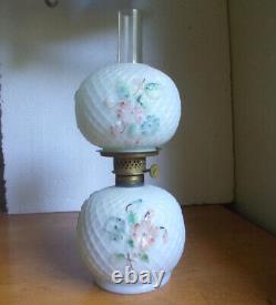 1890s MILKGLASS MINIATURE OIL LAMP EMB FLOWERS & DIAMOND LATTICE MATCHING SHADE