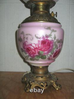 1890s Pink Roses GWTW Consolidated Electrified Oil Lamp