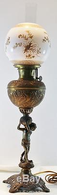 1900 Victorian Bradley & Hubbard Cherub Oil Lamp with Glass Shade Electrified NR