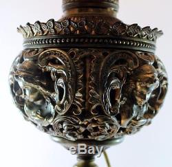 1900 Victorian Cherub Oil Banquet Lamp with Hand Painted Glass Shade Electrified