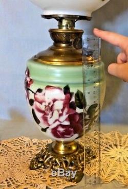 1900s SUCCESS PITTSBURGH HAND PAINTED PINK ROSES GWTW FOSTORIA GWTW OIL LAMP