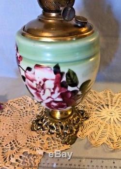 1900s SUCCESS PITTSBURGH HAND PAINTED PINK ROSES GWTW FOSTORIA GWTW OIL LAMP