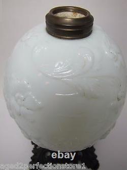 19c Victorian Milk Glass Spider Web Flowers Oil Lamp FG Co Cast Iron Base Ornate