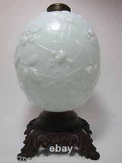 19c Victorian Milk Glass Spider Web Flowers Oil Lamp FG Co Cast Iron Base Ornate
