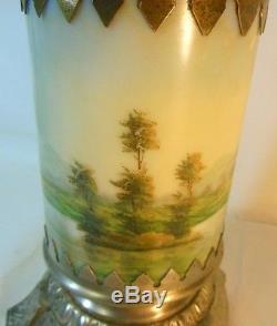 19th C Bristol Glass Oil Lamp converted to Electric Hand Painted Cabin Lake