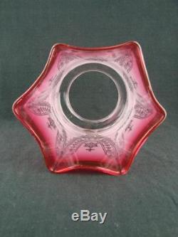 19th C Cranberry Etched Glass Tulip Shape Duplex Oil Lamp Shade 4 Fitter