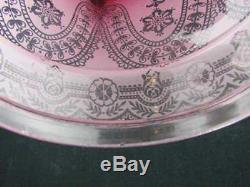 19th C Cranberry Etched Glass Tulip Shape Duplex Oil Lamp Shade 4 Fitter