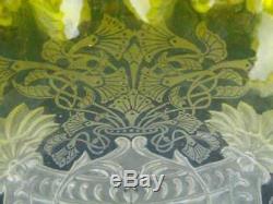 19th C Yellow Etched & Moulded Glass Tulip Shape Duplex Oil Lamp Shade 4 Fitter
