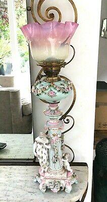 19th Century German Porcelain Oil Lamp Floral decoration Vaseline pink shade