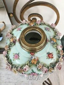 19th Century German Porcelain Oil Lamp Floral decoration Vaseline pink shade