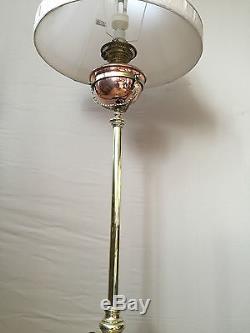 19th Century Solid Brass And Copper Floor Stand Oil Lamp Turned Electric