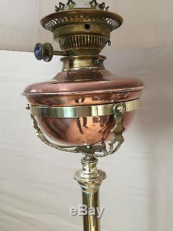 19th Century Solid Brass And Copper Floor Stand Oil Lamp Turned Electric