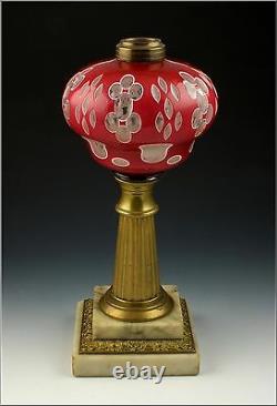 19thC Boston Sandwich Glass Double Cut Overlay Lamp Red to White to Clear