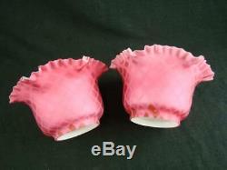 19thC RARE PAIR SMALL OIL LAMP / PEG SHADES PINK QUILTED MOTHER OF PEARL GLASS