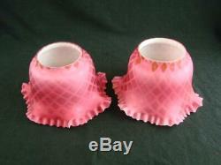 19thC RARE PAIR SMALL OIL LAMP / PEG SHADES PINK QUILTED MOTHER OF PEARL GLASS