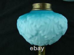 19thC VESTA OIL LAMP SHADE BLUE SATIN GLASS 14cm FITTER + MATCHING PEG LAMP FONT