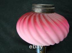 19thC VESTA OIL LAMP SHADE PINK SATIN GLASS14.1cm FITTER+ MATCHING PEG LAMP FONT