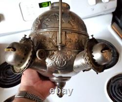 19thc Rare Angle Lamp Co (4) Quad Burner Hanging Oil Lamp Nickle Plated