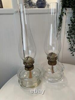 2 Large Victorian Hurricane Lamps Oil Kerosene Clear Glass Antique VGC