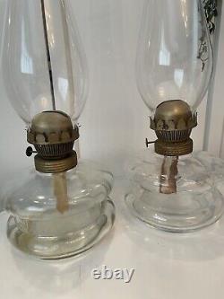 2 Large Victorian Hurricane Lamps Oil Kerosene Clear Glass Antique VGC