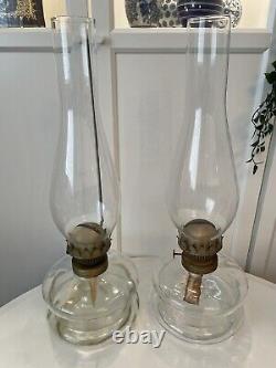 2 Large Victorian Hurricane Lamps Oil Kerosene Clear Glass Antique VGC