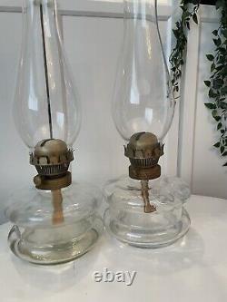 2 Large Victorian Hurricane Lamps Oil Kerosene Clear Glass Antique VGC