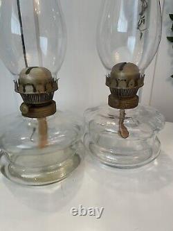 2 Large Victorian Hurricane Lamps Oil Kerosene Clear Glass Antique VGC