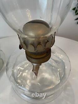 2 Large Victorian Hurricane Lamps Oil Kerosene Clear Glass Antique VGC