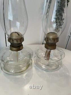 2 Large Victorian Hurricane Lamps Oil Kerosene Clear Glass Antique VGC