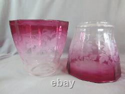 2 Original Cranberry Glass Victorian Acid Etched Tulip Duplex Oil Lamp Shades