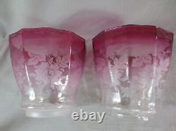 2 Original Cranberry Glass Victorian Acid Etched Tulip Duplex Oil Lamp Shades