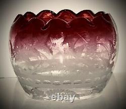 2 Red/clear Etched 19th Century Oil/Gas Glass Beautiful Lamp Shades