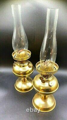 2 x Large 19 1/2 Duplex Brass Oil Lamps & Chimneys Original Patina Display/Use