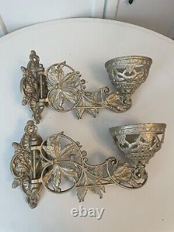 2 x Victorian Art Nouveau Gilt Wall Brackets Oil Lamp Sconces Acorns Oak Antique