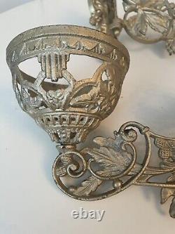 2 x Victorian Art Nouveau Gilt Wall Brackets Oil Lamp Sconces Acorns Oak Antique