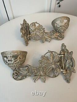 2 x Victorian Art Nouveau Gilt Wall Brackets Oil Lamp Sconces Acorns Oak Antique