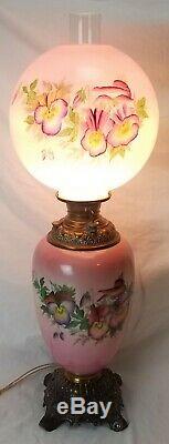 32 Antique Victorian Globe Oil Table Lamp Pink Floral 3 Way GWTW Hand Painted