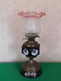 80cm Tall Oil Lamp c/w Cranberry Topped Frosted Etched Shade Decorated Reservoir