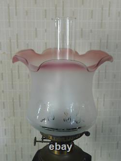 80cm Tall Oil Lamp c/w Cranberry Topped Frosted Etched Shade Decorated Reservoir