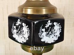 80cm Tall Oil Lamp c/w Cranberry Topped Frosted Etched Shade Decorated Reservoir