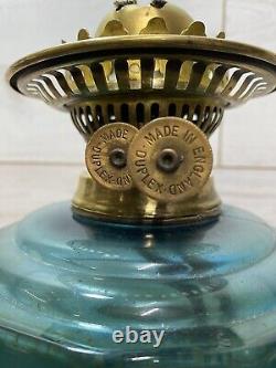 A Beautiful Antique Blue Glass Victorian Twin Duplex Brass Oil Lamp