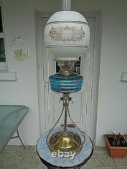 A Beautiful Brass Victorian Arts & Crafts Period Aqua Blue Twin Duplex Oil Lamp
