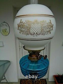 A Beautiful Brass Victorian Arts & Crafts Period Aqua Blue Twin Duplex Oil Lamp