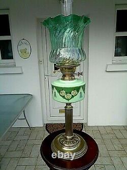 A Beautiful Emerald Green Floral Decorative Victorian Glass Oil Lamp